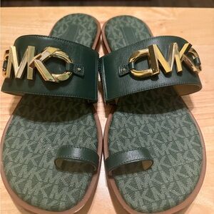 Michael Kors Dark Green and Gold Slide Sandals